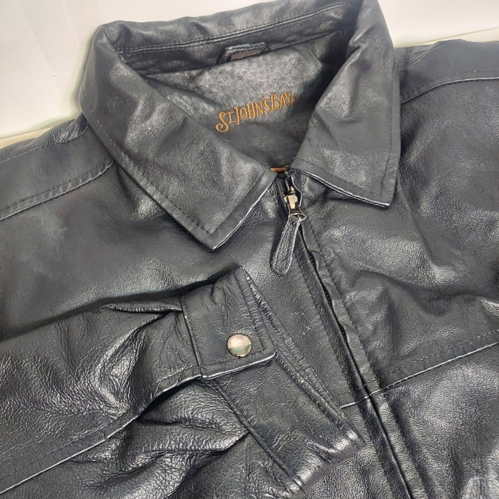 St.‎ John's Bay Mens XL Black Leather Jacket Full Zip Collared Classic Coat